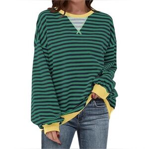 Striped Green and Black Sweatshirt with Yellow Accents XXL Oversized Loose Fit